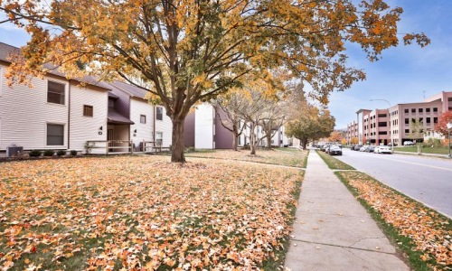 Settle into comfort at Spring Valley Apartments a sidewalk and trees next to a street with houses on either side